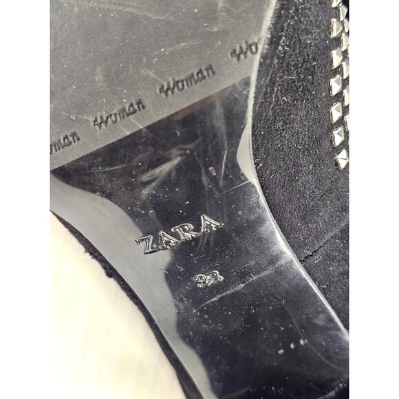 Zara Woman Black Suede Studded Peep Toe Heels Size 38 - Picture 9 of 10